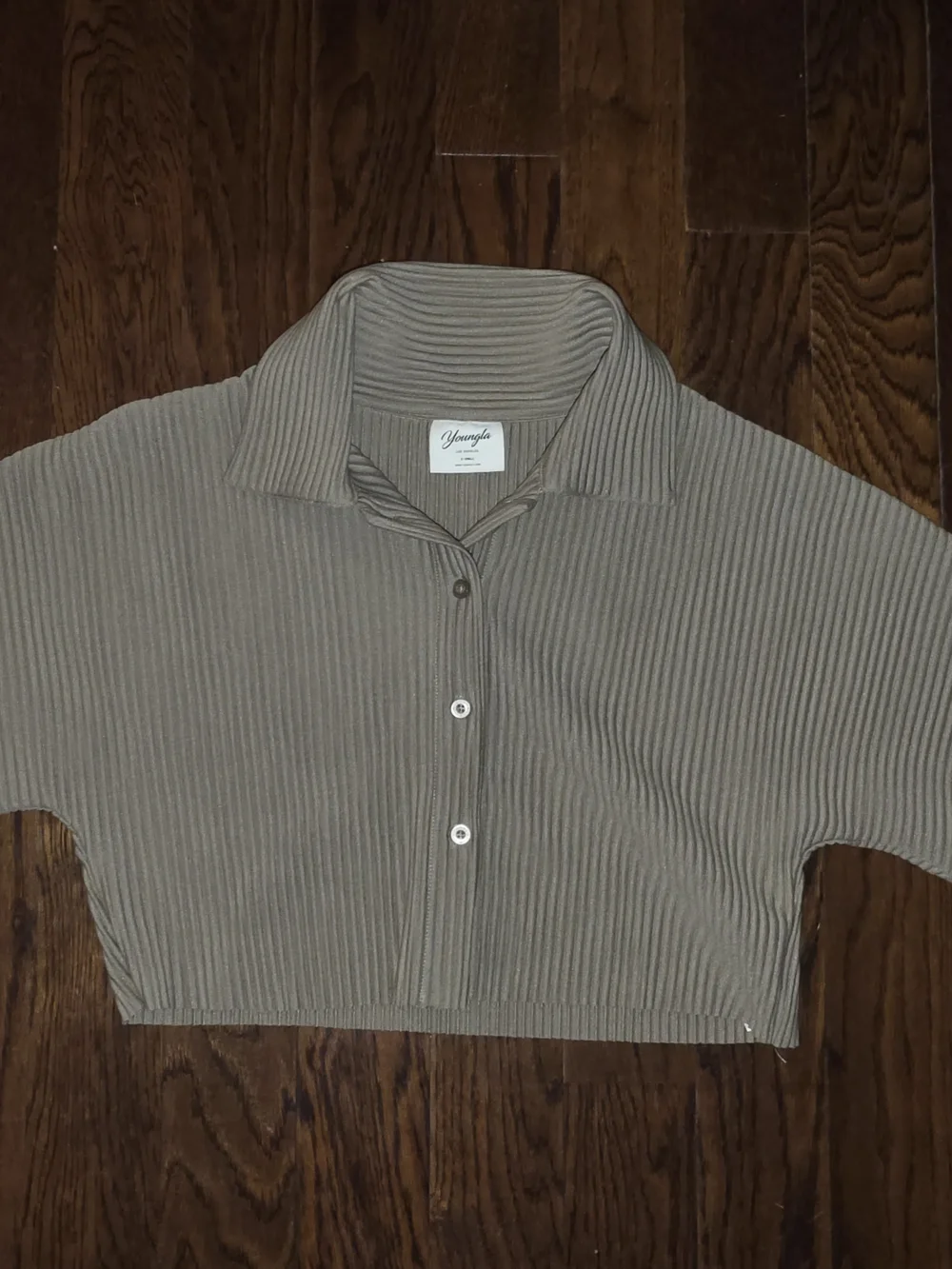 YoungLA Ribbed Button-Front Polo Top - Taupe